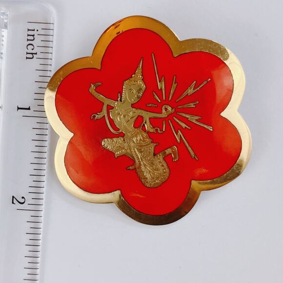 VTG Mid Century Brooch Siam Red Enamel Gold Tone Floral Thai Dancer Motif - Picture 8 of 11